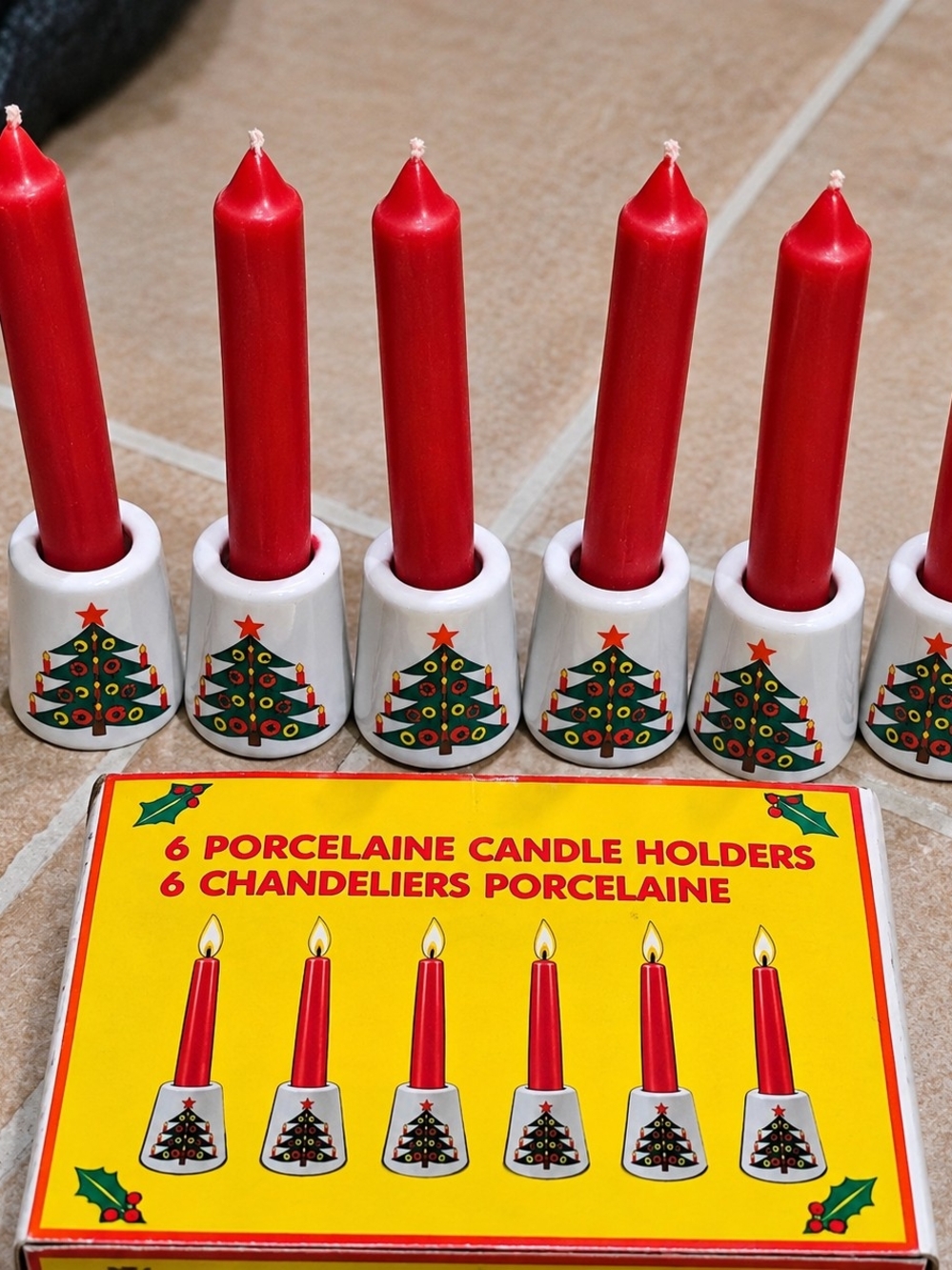 Vintage Christmas Tree Porcelain Mini Candle Holders Set of 6 Red Candles Boxed